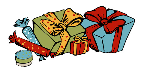 vector colour drawing of three boxes with ribbon and two sweets