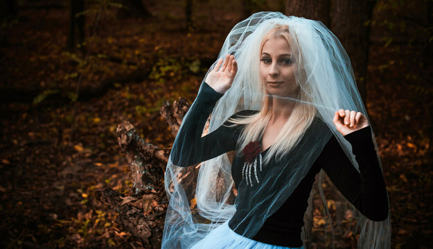 Mystical scene at forest, girl at bride costume, with a veil, Halloween ideas 