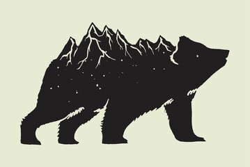 Naklejka na ściany i meble Bear with mountain range on its back isolated vector illustration. American national parks symbol. Animal spirit of the outdoors.