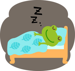 ベッドで眠る蛙