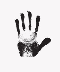 Black handprint with a sinister human skull on a white background. Scary vector banner on the theme of occultism, satanism or alchemy with the hand-drawn skull on the open palm