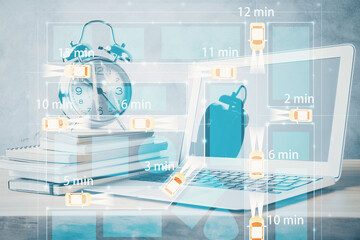 Desktop computer background in office with automobile hologram drawing. Multi exposure. Tech concept.