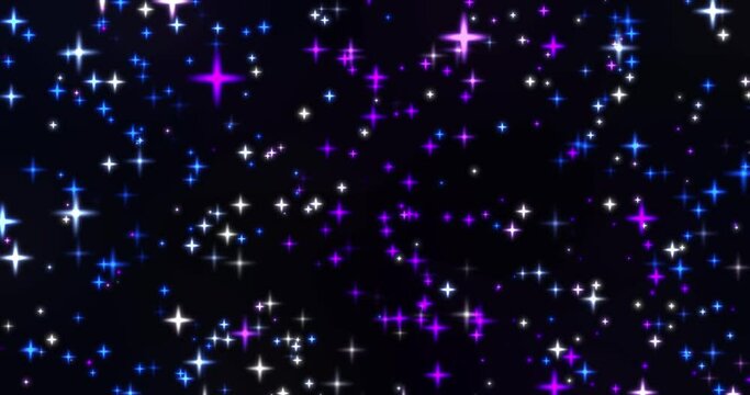 Bright glowing stars of blue, purple and white colors on a dark background fly towards the viewer