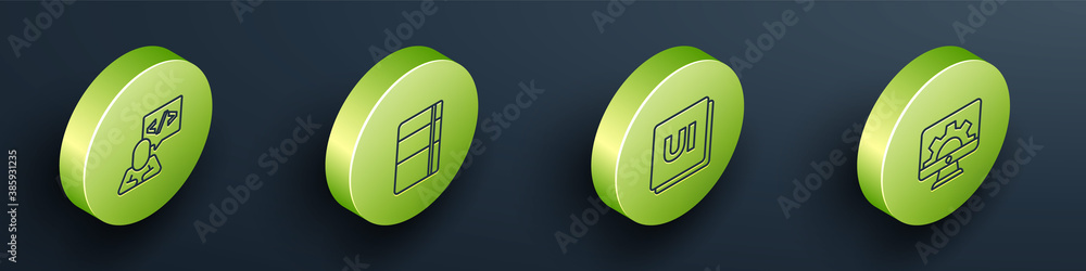 Wall mural set isometric line front end development, sketchbook or album, ui ux design and web icon. vector.
