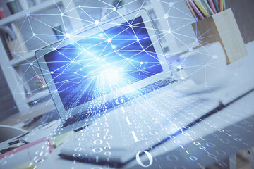 Double exposure of desktop with personal computer on background and tech theme drawing. Concept of data analysis.