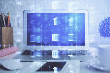 Fototapeta premium Double exposure of desktop with personal computer on background and tech theme drawing. Concept of Bigdata.