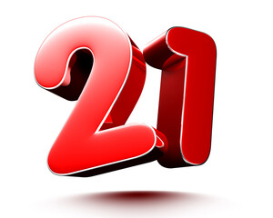 Red numbers 21 isolated on white background illustration 3D rendering.(with Clipping Path).