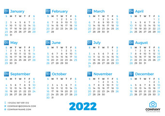 Simple calendar template for 2022 year. Week starts on Sunday. Vector illustration