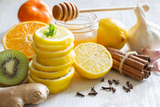 Citrus, honey and garlic as home remedies for colds and flu. Immunity concept