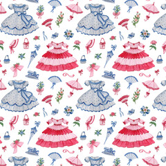 Pattern with a blue and pink dress .