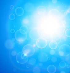 Sunny blue background, sun with bokeh, turquoise summer vector illustration.