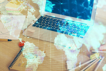 Multi exposure of business theme icons and work space with computer background. Concept of success.