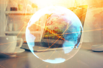 Multi exposure of business theme icons and work space with computer background. Concept of success.