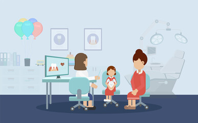 Dentist with child patient flat design vector illustration