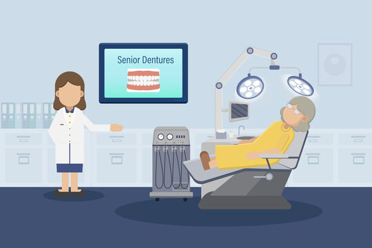 Senior dentures concept with dentist and elder patient flat design vector illustration