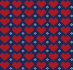 Knitted seamless pattern with hearts. Winter theme. Pullover hand made ornament. Christmas and New Year vector illustration.