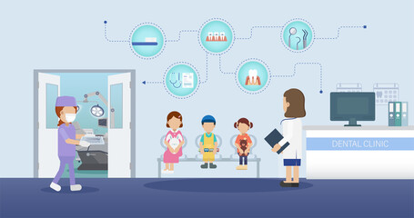 Dental clinic with patients waiting and icons flat design vector illustration