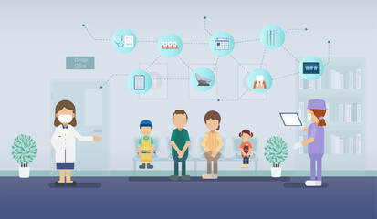 Dental clinic with patients waiting and icons flat design vector illustration
