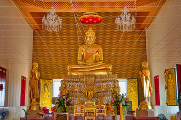 Chachoengsao / Thailand / September 4, 2020 : Wat Khlong Chao, With a large Buddha image The name of Luang Pho Thanjai.