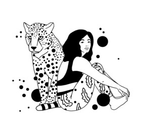 Women and jaguar art. Woman and wild tropical cat friendship concept. Simple line vector illustration.