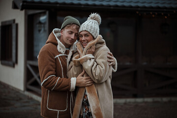 Love couple. Man and woman nature. Winter day. Romantic lovers. Male. Holidays. 