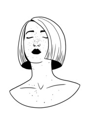 Vector line drawing illustration. Young woman face vector illustration. Magazine graphic.