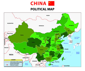 China map. Political Map of China provinces 2020 in green color background theme. China map with capital Beijing, national borders, important cities, rivers and lakes. 