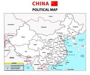 Obraz premium Vector illustration of simplified administrative map of China in white background theme. Borders and names of the provinces. Grey silhouettes. White outline with national and international borders.