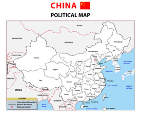 Obraz premium Vector illustration of simplified administrative map of China in white background theme. Borders and names of the provinces. Grey silhouettes. White outline with national and international borders.