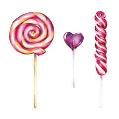 Lollipops. Set. Watercolor drawing. Handmade drawing. Isolated on white