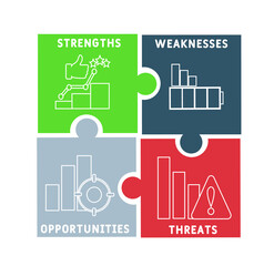 SWOT - strength weaknesses opportunity and threats acronym  business concept background. vector illustration concept with keywords and icons. lettering illustration with icons for web banner, flyer