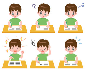 勉強する男の子のいろいろな表情セット