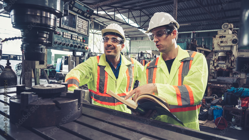 Poster group of factory workers using machine equipment in factory workshop . industry and engineering conc