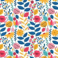 Flower and leaves Seamless pattern, Surface pattern with beautiful flowers, Colorful seamless pattern background