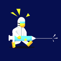 Illustration of Doctor With Protective Suit Holding Huge Injector To Prevent Virus Spreads