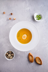 Bouillon with croutons, bread, eggs and scallions