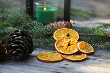 Christmas tree, dried oranges and pine cones. New Years Holidays, Christmas Holidays.