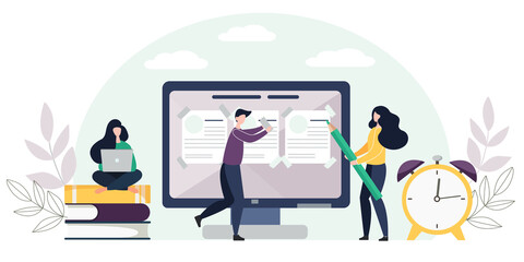 filling out a resume. vector illustration. employment application form. people choose a resume for a job. vector small characters recruitment agency