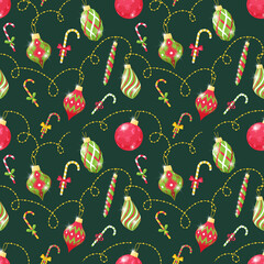 Seamless pattern with Christmas tree toys and candy canes on a dark green background. Great for wrapping paper. Flat objects are isolated and hidden under a mask. Easy to edit. Vector illustration.