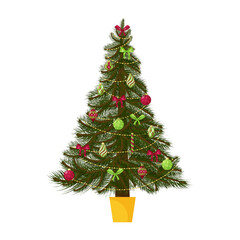 Christmas tree decorated with Christmas tree toys, balls, beads and bows design element for greeting cards, advertising flyers. Isolated on a white background. Vector illustration in flat style