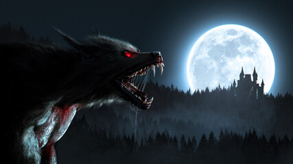 Werewolf growl in the moonlight over a full moon in the forest with a gothic house - concept art - 3D rendering