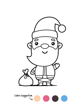 Happy Kawaii Santa Claus, Christmas Coloring Page Vector Cartoon Illustration