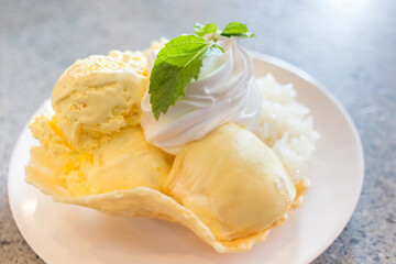 Durian ice cream with sticky rice is served with crispy waffle and on top with smooth whipping...