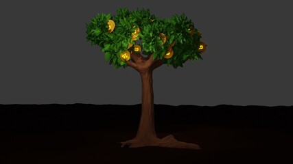 tree and golden coin 3D render