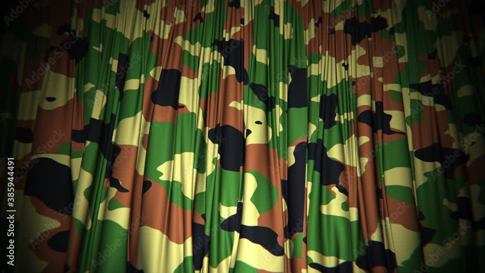 Poster realistic 3d animation of the classic camouflage window curtain rendered in uhd, alpha matte is incl