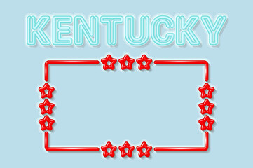 Kentucky US state soft blue neon letters lights off. Glossy red frame with stars. Vector illustration