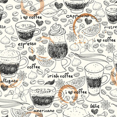 Tasses à café doodle dessinés à la main et modèle sans couture de taches