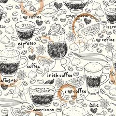 Foto op Plexiglas Koffie Hand getrokken doodle koffiekopjes en vlekken naadloos patroon
