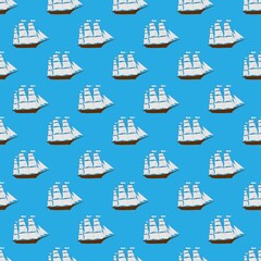 Beautiful seamless pattern with a ship on a blue background. Sea transport in a flat style.
Stock vector illustration for decor and design, textiles,
wallpaper, wrapping paper