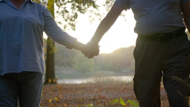 Elderly couple holding hands while walking together in park . Senior couple on a walk in autumn nature. Happiness people lifestyle. Closeup of elderly couple hand .